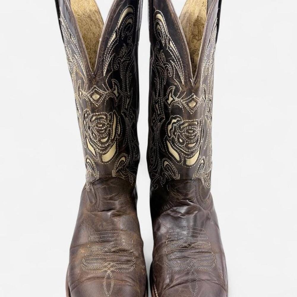 Womens Brown Leather Western Cowboy Boots 8 US 25 MEX Rose Inlay Square Toe VTG